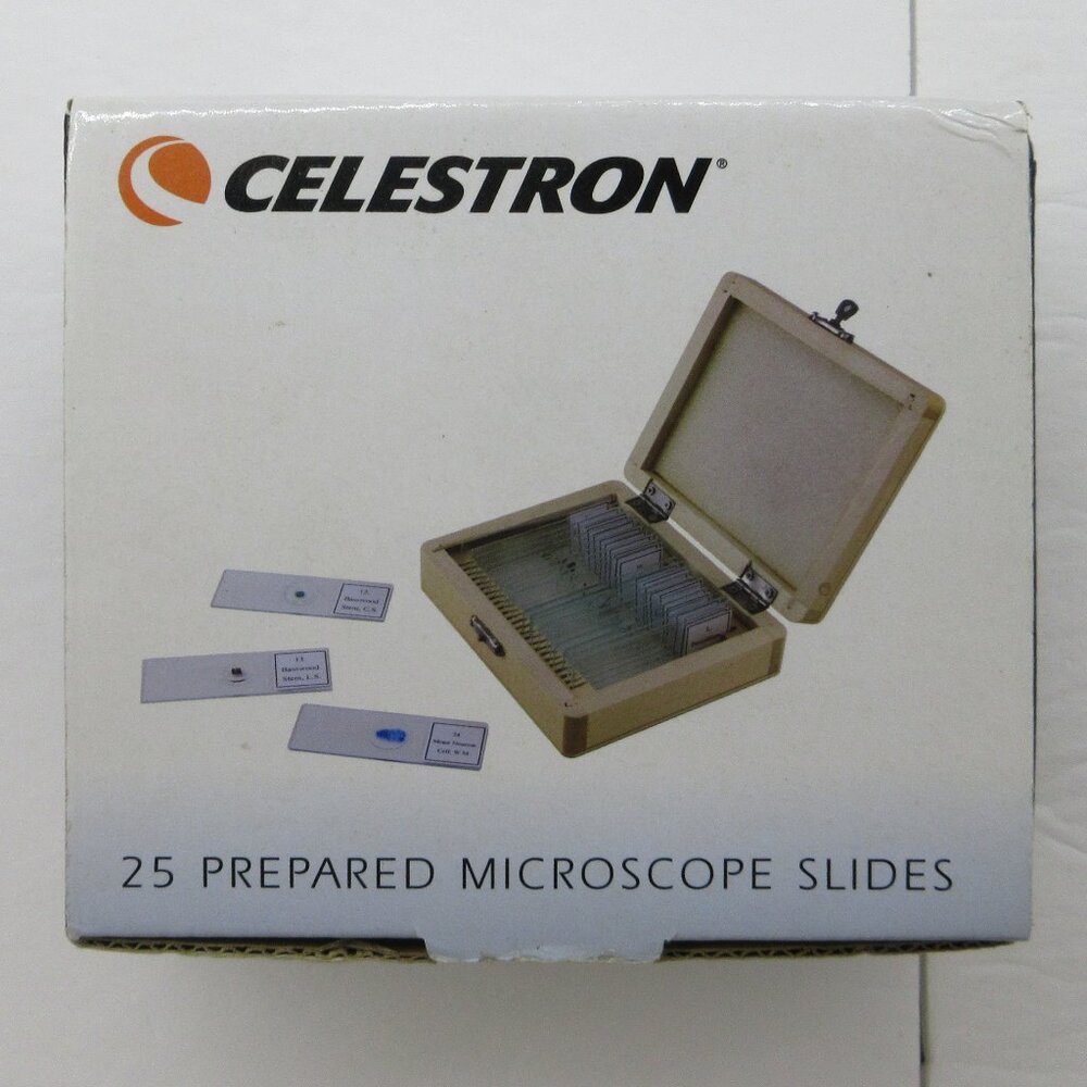 Celestron 25 Prepared Microscope Slides in Wood Storage Case # 44410